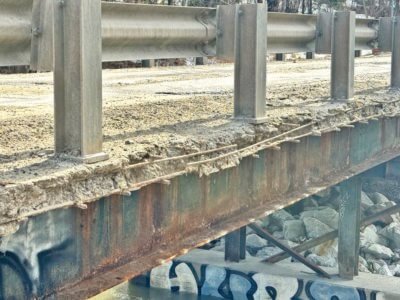 Photo by Scooter MacMillan. Despite patches over the years to the Dorset Bridge, originally built in 1939 and reconstructed in 1960, it is showing major signs of deterioration.