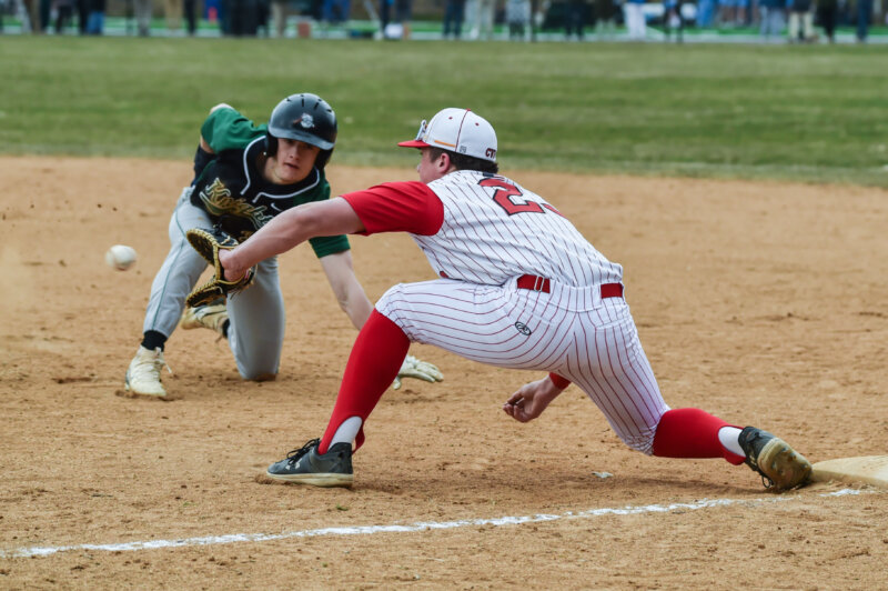Photo by Al Frey. Ryan Wood prepares to tag out a runner in a scrimmage at Rice on April 10 that CVU won 10-7, but that won’t count toward its regular season total.