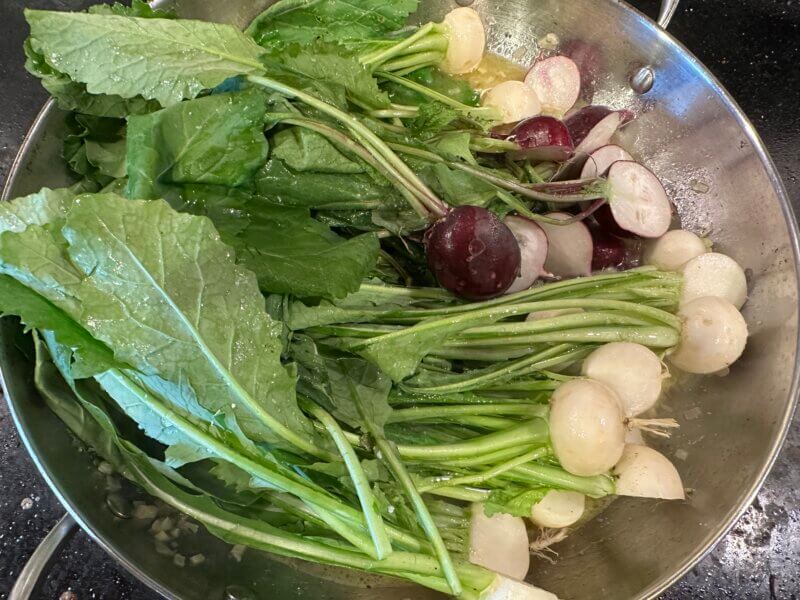 A quick braise and these tender spring vegetables transform. Keep those tops, and you’ll get a day’s worth of beneficial greens.