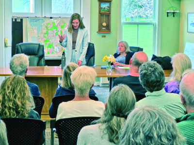 Photo by Mke Yantachka. Around 40 people showed up at the Charlotte Town Hall on April 29 to hear Attorney General Charity Clark and Rep. Chea Waters Evans speak.