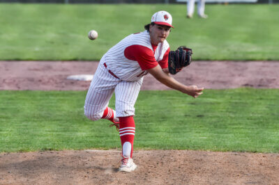Photo by Al Frey. Quinn Vincent pitched Champlain Valley to a thrilling 4-3 victory over Mount Mansfield on May 1.