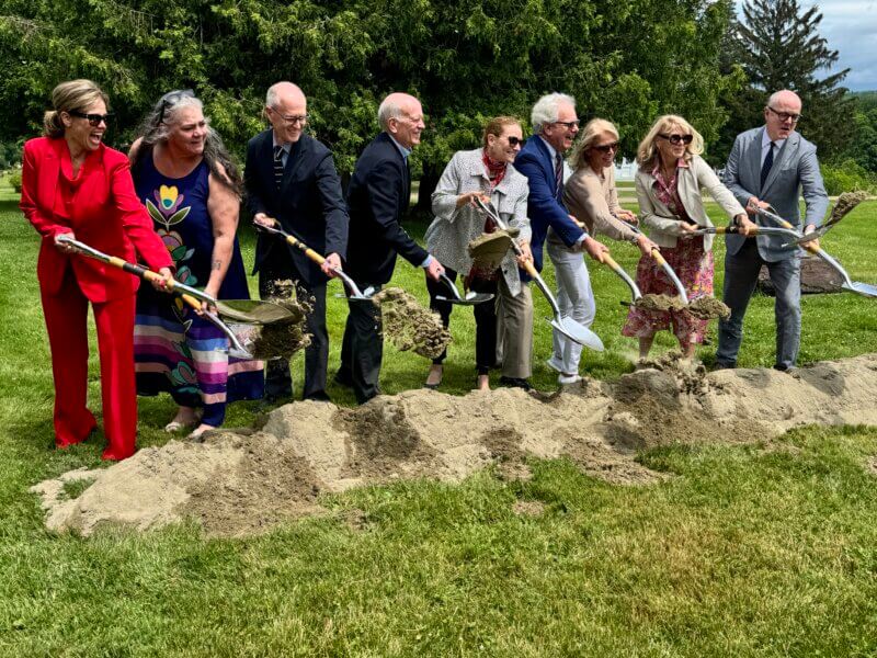Photo by Scooter MacMillan
From left: Vermont Secretary of Commerce and Community Development Lindsay Kurrle; Chief Brenda Gagne of the St. Francis-Sokoki Band of Missisquoi Abenaki; Steven Gerrard, principal with Annum Architects; Sen. Peter Welch; Heidi Dreymer; Peter Graham, president of the Shelburne Museum Board of Trustees; Christine Stiller, Shelburne Museum Board of Trustees; Teressa Perry and Thomas Denenberg, director and CEO of Shelburne Museum.