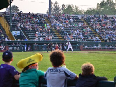 Photo by Eliot Barrengos. The Vermont Lake Monsters at bat during a June 8 game against the Westfield Starfires in Burlington.