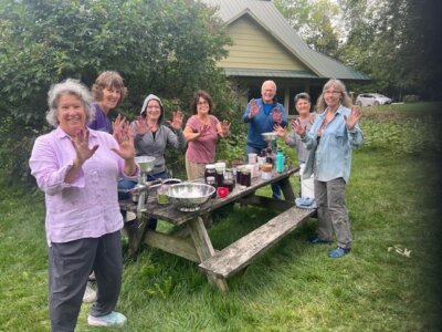 Courtesy photo. From left, Kim Janson, Debra Welsh, Betsy Williams, Susan Hurd, Bob McNamara, Marianne Lucenty-McNamara and Shari Bell participated in one of Steve Wisbaum’s workshops on harvesting elderberries and making tonic.